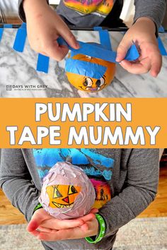 a young boy holding a paper pumpkin with the words pumpkin tape mommy in front of him