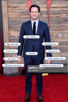 a man in a suit and tie standing on a red carpet with many different words above his head