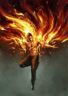 a man with fire on his body is flying through the air in front of flames