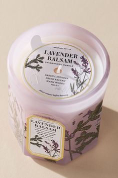 Adorned with beautiful botanicals, this only-at-Anthro fragrance lends everyday elegance to any living space – and is perfectly giftable for the scent-obsessed. Lavender Balsam (Fresh Floral) : Aromatic notes of lavender layered with effervescent citrus are infused with toasted French oak. For the best burn experience, keep the following in mind: The first time you light your candle, allow it to burn until the wax pool melts all the way to the edge; for a larger candle, this may take several hours. Wax has " memory," so if it is extinguished with a partial pool, that will prevent a full, even pool from forming in the future. Trim your wick each time you light the candle, removing any " bloom" from the previous burn. We recommend lighting a wick that is 1/4-1/2" in length. Ensure that your Highschool Party, Lavender Candles, Herbal Candles, Purple Bathroom, Fresh Lavender, Candle Stickers, Aromatic Candles, Floral Candle, Green Candle