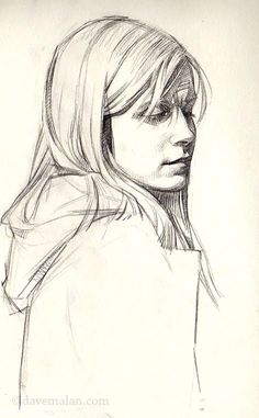 a pencil drawing of a woman's head with long hair and wearing a scarf