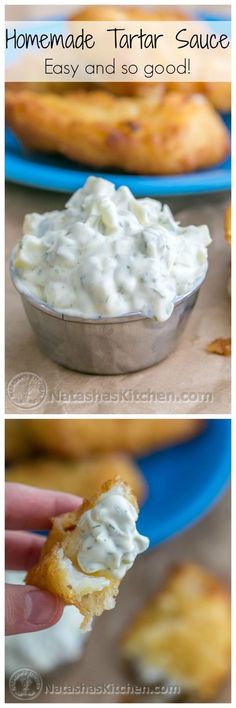 homemade tartar sauce in a metal bowl and on a blue plate