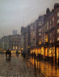 a painting of people walking down the street at night with buildings in the background and rain falling on them