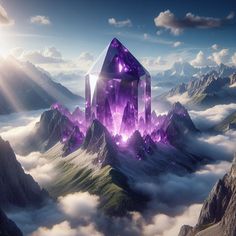 an image of some mountains that are in the sky with purple crystals on them and clouds below