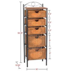 a tall shelf with three baskets on it and measurements for the bottom drawer, which is also