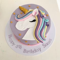 the birthday cake is decorated with an unicorn's head