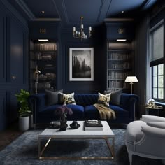 a living room with blue walls and furniture