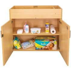 a wooden cabinet with baby products on it