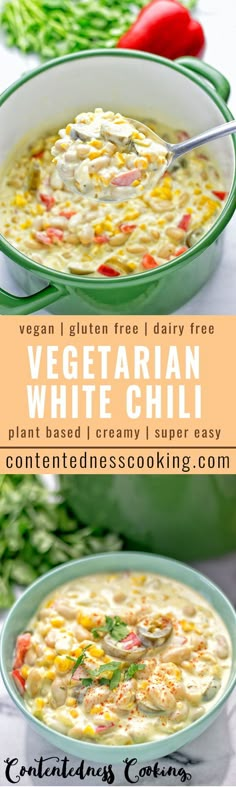 vegetarian white chili in a green bowl with text overlay