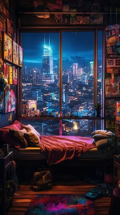 a bedroom with a view of the city at night