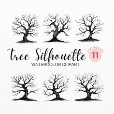 tree silhouettes with watercolor clipart on the bottom and bottom, in different styles