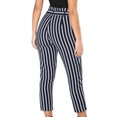 FREE SHIPPING Casual Striped High Waist Elastic Trousers Bow Tie Stretch JKP935 Striped High-waisted Pants, Stretch Striped Straight Pants, Striped Stretch Trousers, Trendy High Waist Striped Pants, Stretch Striped Trousers, Casual High-waisted Summer Leggings, Trendy Striped Long Pants, Trendy High-waist Striped Pants, Stretch Striped High-waisted Pants