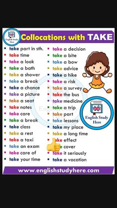 an english poster with the words collocations with take