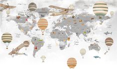 a world map with many different types of hot air balloons