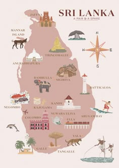 an illustrated map of sri lanka with all the major cities and their respective locations in pink