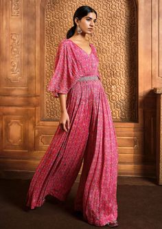 Aneesh Agarwaal-Pink Persian Printed Flared Jumpsuit With Belt-INDIASPOPUP.COM Indian Jumpsuits For Women, Bandhej Jumpsuit, Indian Jumpsuit Outfit, Ethnic Jumpsuit Indian, Palazzo Styling, Jumpsuits For Women Indian, Aneesh Agarwaal, Ethnic Jumpsuit, Indian Jumpsuit