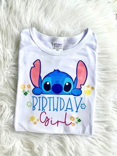 Stitch Birthday tee shirt. I can customize the shirt with the child's name and age too! Fabric is 100% polyester and extremely soft! Hand wash for the longest wear.  Ships within 1-3 business days. Lilo And Stitch Birthday Shirts, Stitch Disney Birthday Party, Stitch Birthday Outfit, Cumple De Stitch Ideas, Stitch And Angel Birthday Party, Stitch Birthday Ideas, Stitch Birthday Shirt, Stitch Bday Party, Stitch Themed Birthday Party