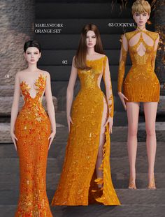 three models in orange gowns standing next to each other