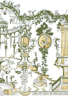 an ornately designed wallpaper with green and gold designs on the walls, along with other decorative elements