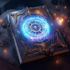 an open book with glowing blue lights on it and a ring in the middle is sitting on a table