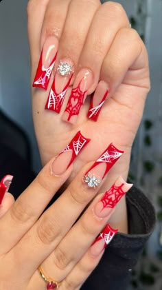 Red Spider Man Nails, Long Square Nails Designs Black, Red Gel X Nail Designs, Y2k Nails Spiderman, Spider Man Nails Acrylic Long, Red Nail Ideas Square, Fire Nails Acrylic, Cute Nails Acrylic Red, Red Spooky Nails