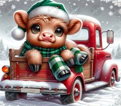 a painting of a teddy bear sitting in the back of a red truck wearing a christmas hat and scarf