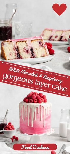 a white chocolate and raspberry layer cake on a table with berries, milk, and other desserts