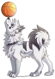 a drawing of a dog with a basketball on its head, and the ball in his mouth