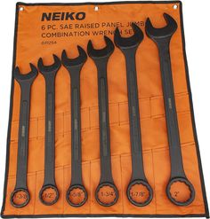 six wrenches in an orange case with black handles and numbers on the front side