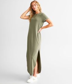 BKE T-Shirt Maxi Dress - Green Small, Women's Dustyolive Modal blend raw edge dress Side seam pockets Cuffed sleeves Bust measures 34 on size small Body length 53 on size small. 65% Modal 35% Polyester. Machine wash cold with like colors gentle cycle. Do not bleach. Tumble dry low. Cool iron.. WOMEN'S DRESS SIZE CONVERSION CHART Size XS S M L XL Junior Size 1/3 3/5 7/8 9/10 11/13 *Conversion sizes may vary. Measurements based on size medium. Apparel & Accessories > Clothing > Dresses Style Finder, Maxi Shirt Dress, Poplin Dress, Lilac Dress, Calvin Klein Women, Conversion Chart, Dress With Tie, Maxi Dress Green, Accessories Clothing