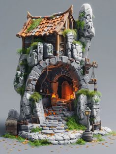 a house made out of rocks and plants