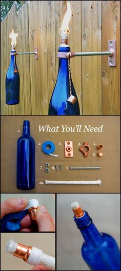 there are many different things in this collage that include blue bottles and copper fittings