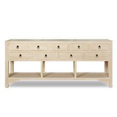 the sideboard is made from wood and has four drawers on one end, two open shelves