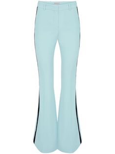 light blue cady texture velvet trim mid-rise belt loops concealed front fastening flared Flared Trousers, Velvet Trim, Bell Bottom Pants, Flare Trousers, Bell Bottoms, Bottoms Pants, Womens Bottoms, Mid Rise, Light Blue