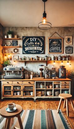 a coffee shop with lots of signs on the wall