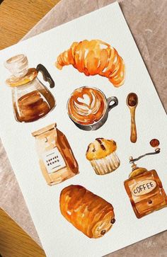 a watercolor painting of coffee and pastries