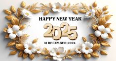 a happy new year card with flowers and leaves in the shape of a wreath on a white background