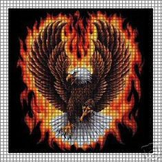 an eagle with flames on it's wings is shown in this cross stitch pattern