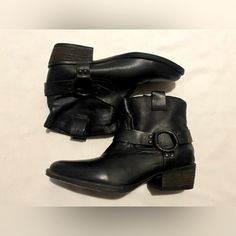 Krbonell Western Style Footwear Leather Harness Ankle Boots Pull On Size 9 Black Color Nwob Black Edgy Moto Boots With Stacked Heel, Black Western Moto Boots For Fall, Black Moto Boots With Stacked Heel For Fall, Western Style Black Booties For Fall, Western Black Mid-calf Boots For Fall, Black Western Booties For Fall, Western Black Moto Boots With Buckle Closure, Western Style Black Mid-calf Boots Medium Width, Western Black Mid-calf Boots With Reinforced Heel