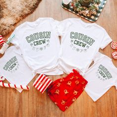 You will love these personalized cousin crew Christmas shirts! They make the perfect gift for the whole family! It's a comfy short sleeve tee made of soft cotton that fits like a well-loved favorite. The crew neckline adds a classic, neat style that's perfect for accessorizing. SHIRT INFORMATION & SIZING: This is a Bella and Canvas Brand Shirt. Unisex Adult Sizing - please see the sizing chart in the listing photos to determine the best size for you. It can be helpful to measure one of your favorite shirts then compare it to the size chart before placing an order. All of the items in my shop are custom printed just for you, therefore I'm unable to accept returns or exchanges. However, if there are any issues or concerns with your order please reach out to me via Etsy messages so that I can Christmas Team Shirts, Customizable Cotton Christmas T-shirt, Cousin Crew Christmas Shirts, Cousin Christmas Shirts, Cousin Crew Shirts, Matching Family Christmas Shirts, Vintage Christmas Shirt, Christmas Shirts For Kids, Cousin Crew