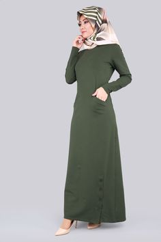 Düğme Yırtmaçlı Elbise Haki Ürün Kodu: BH2202 --> 59.90 TL Ball Gown Skirt, Khaki Dress, Islamic Fashion, Muslimah Fashion, African Wear