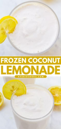 Frozen Coconut Lemonade, summer drinks, non alcoholic drinks Frozen Lemonade Recipe, Coconut Lemonade, Coconut Milk Drink, Coconut Drinks, Coconut Milk Recipes, Frozen Lemonade, Smoothie Drink Recipes, Lemonade Recipe