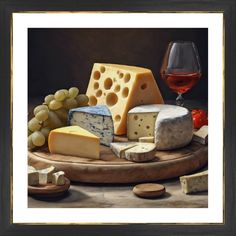 a painting of cheese and wine on a table