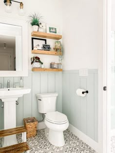 a white toilet sitting in a bathroom next to a wooden shelf filled with potted plants