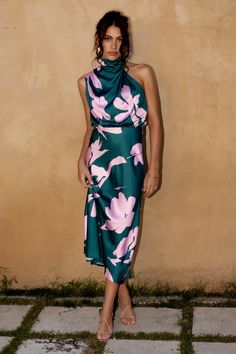 Anabelle Halter Neck Midi Dress - Green Pink High Neck Satin Dress For Date Night, Satin High Neck Dress For Date Night, High Neck Satin Maxi Dress For Party, Chic Asymmetrical Neckline Dress For Wedding Guest, Chic Midi Dress With Asymmetrical Neckline For Wedding Guest, Evening Floral Print Midi Dress, Dressy Floral Print Midi Dress For Party, Chic Floral Print Midi Dress For Party, Elegant Floral Print Midi Dress For Party