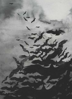 a flock of birds flying in the sky above clouds and trees with bats on them