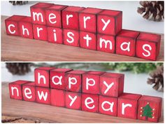 red blocks spelling merry christmas and happy new year