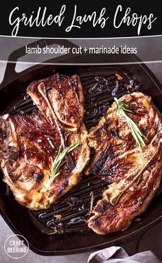 grilled lamb chops on a grill with rosemary garnish and text overlay