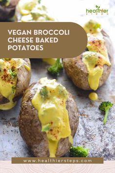 This is Vegan Broccoli Cheese Baked Potatoes By Healthier Steps Broccoli Cheese Baked Potato, Broccoli Cheese Baked, Cheese Baked Potatoes, Cheesy Baked Potatoes, Broccoli Cheese Bake, Vegan Baked Potato, Potato Calories, Cheese Sauce For Broccoli, Cheesy Broccoli Soup