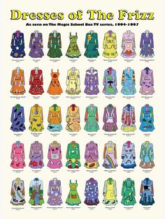 the dresses of the frizz poster is shown in various colors and sizes,